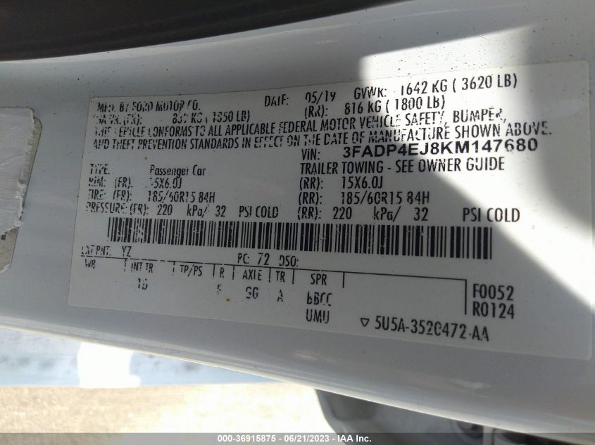 2019 FORD FIESTA SE - 3FADP4EJ8KM147680