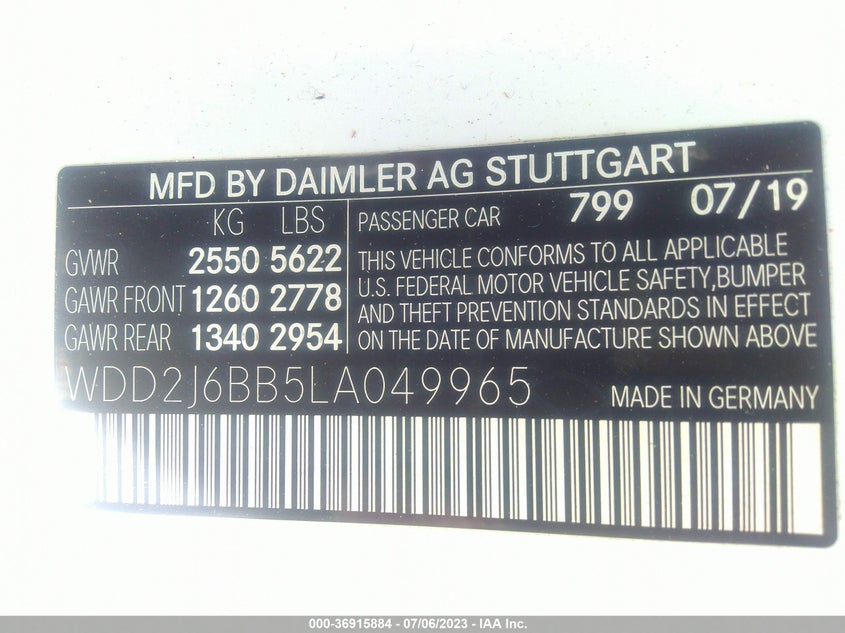 2020 MERCEDES-BENZ CLS VIN: WDD2J6BB5LA049965
