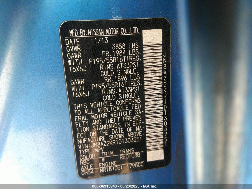 2013 NISSAN CUBE SL - JN8AZ2KR1DT303251
