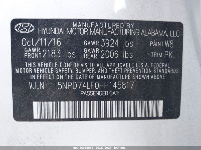 2017 HYUNDAI ELANTRA SE - 5NPD74LF0HH145817