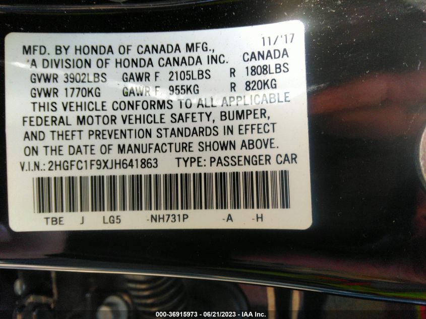 2018 HONDA CIVIC SEDAN TOURING - 2HGFC1F9XJH641863