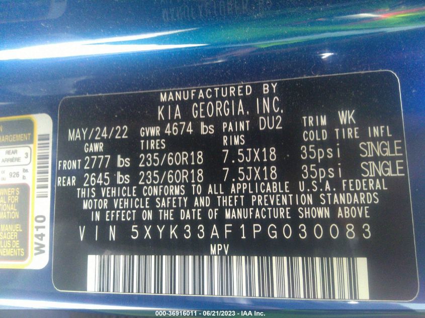VIN 5XYK33AF1PG030083 2023 KIA SPORTAGE EX