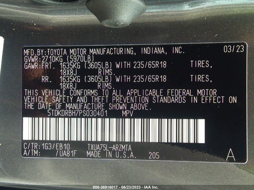 2023 TOYOTA HIGHLANDER L/LE/XLE/XSE/LIMITED - 5TDKDRBH7PS030401