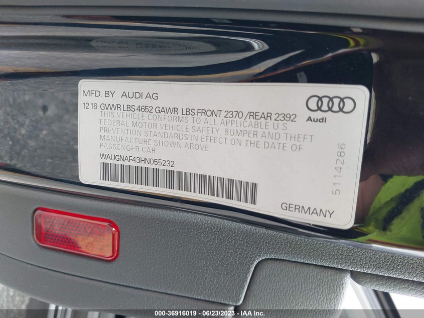 VIN WAUGNAF43HN055232 2017 AUDI A4 PREMIUM