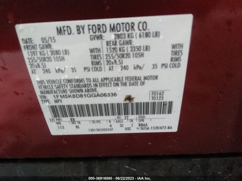 2016 FORD EXPLORER XLT - 1FM5K8D81GGA06336