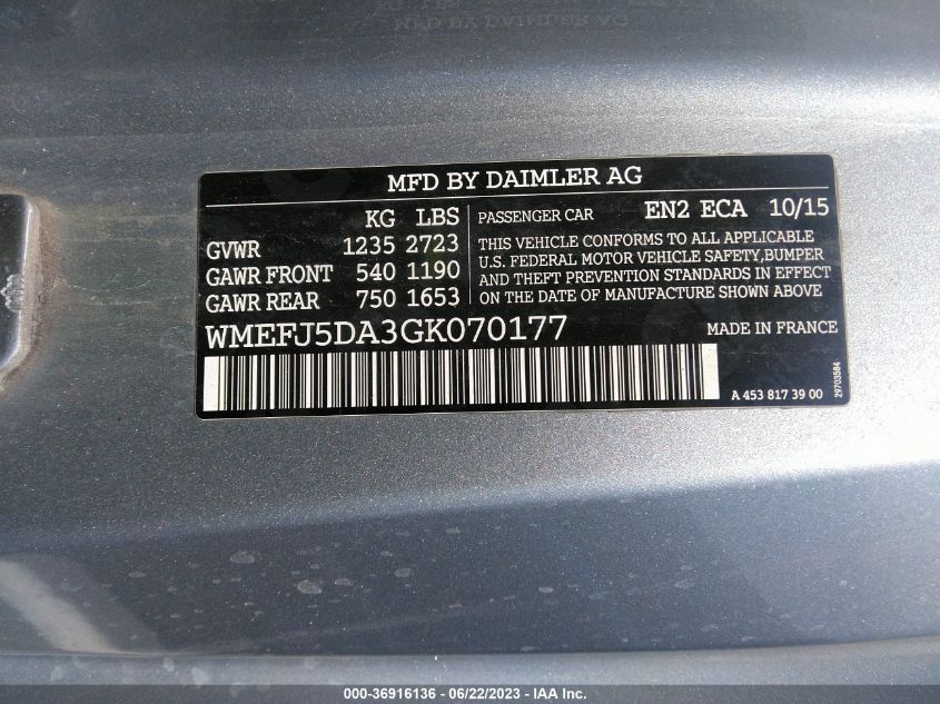 2016 SMART FORTWO PASSION/PURE/PRIME/PROXY - WMEFJ5DA3GK070177
