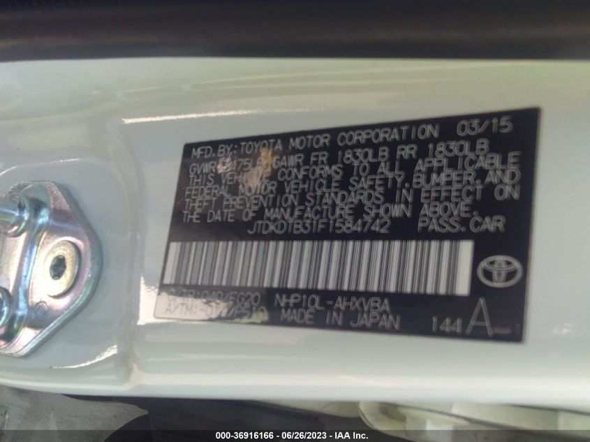 2015 TOYOTA PRIUS C ONE/TWO/THREE/FOUR - JTDKDTB31F1584742