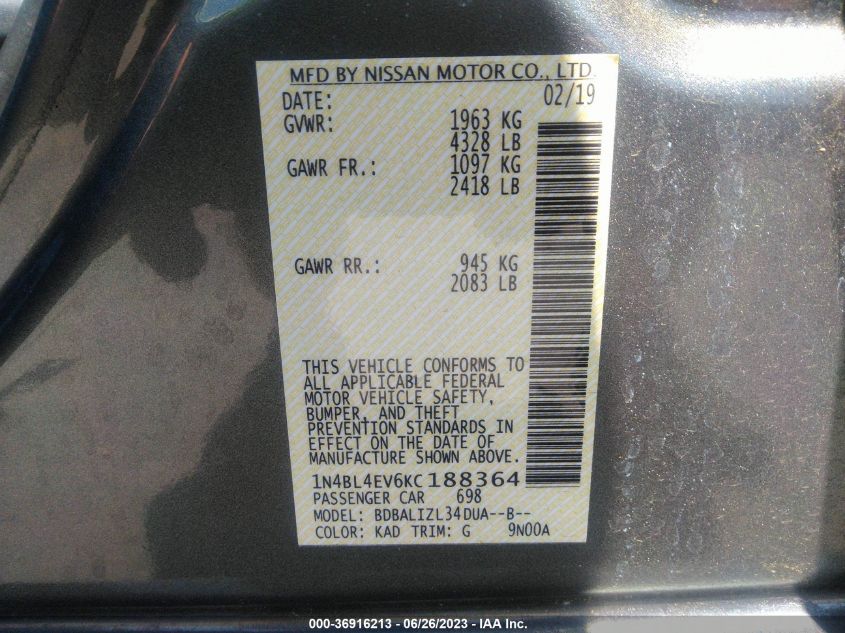 2019 NISSAN ALTIMA 2.5 SL - 1N4BL4EV6KC188364