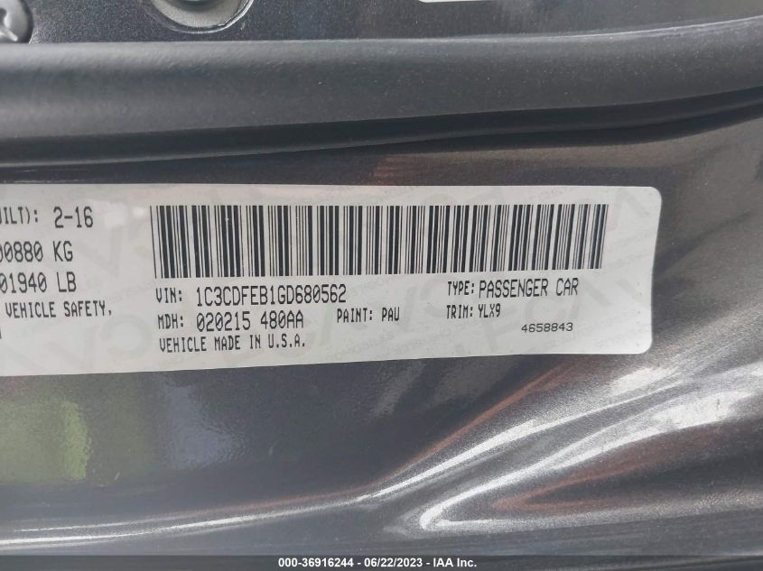 2016 DODGE DART GT - 1C3CDFEB1GD680562