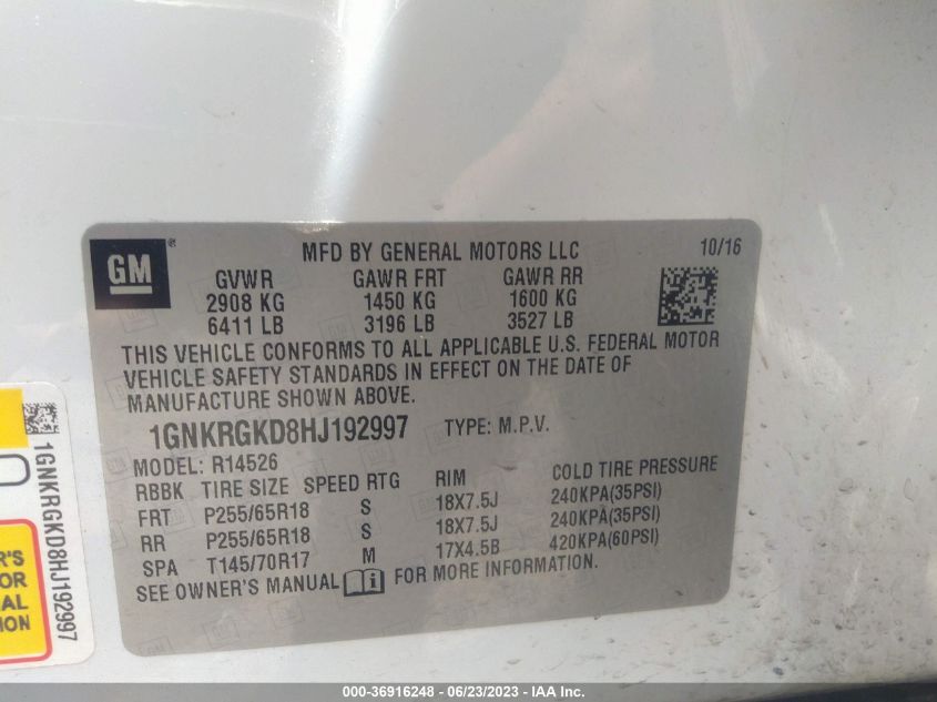 2017 CHEVROLET TRAVERSE LT - 1GNKRGKD8HJ192997