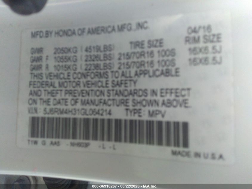 2016 HONDA CR-V LX - 5J6RM4H31GL064214