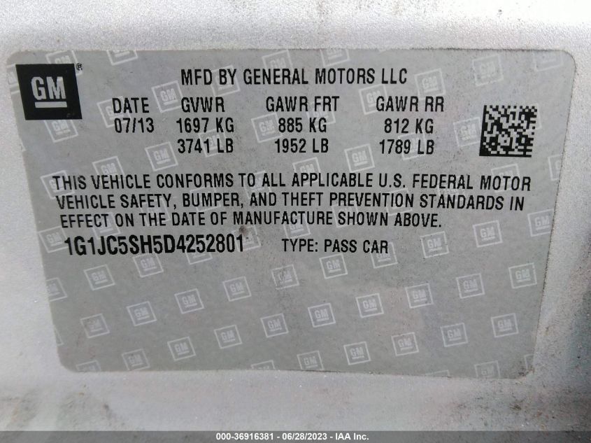 2013 CHEVROLET SONIC LT - 1G1JC5SH5D4252801