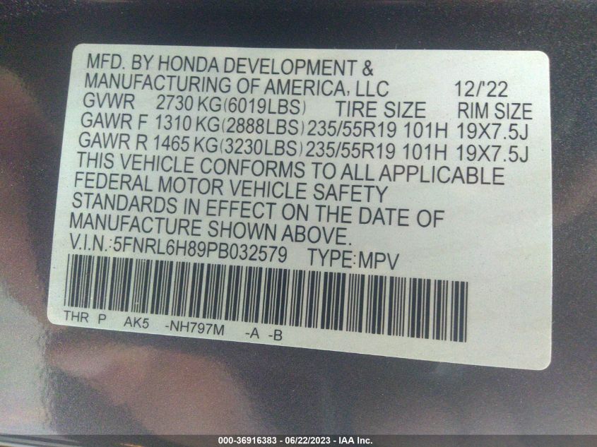 2023 HONDA ODYSSEY TOURING - 5FNRL6H89PB032579