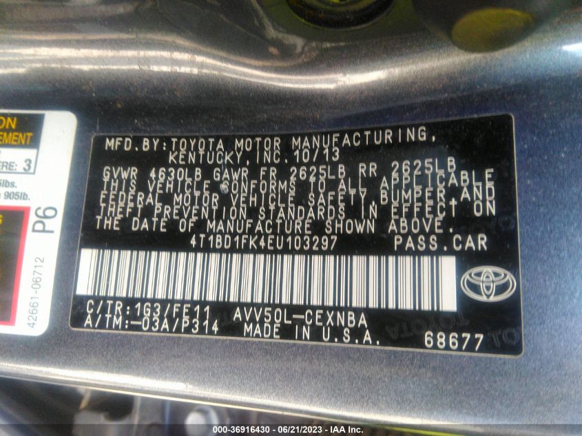 2014 TOYOTA CAMRY HYBRID LE/XLE/SE LIMITED EDITION - 4T1BD1FK4EU103297