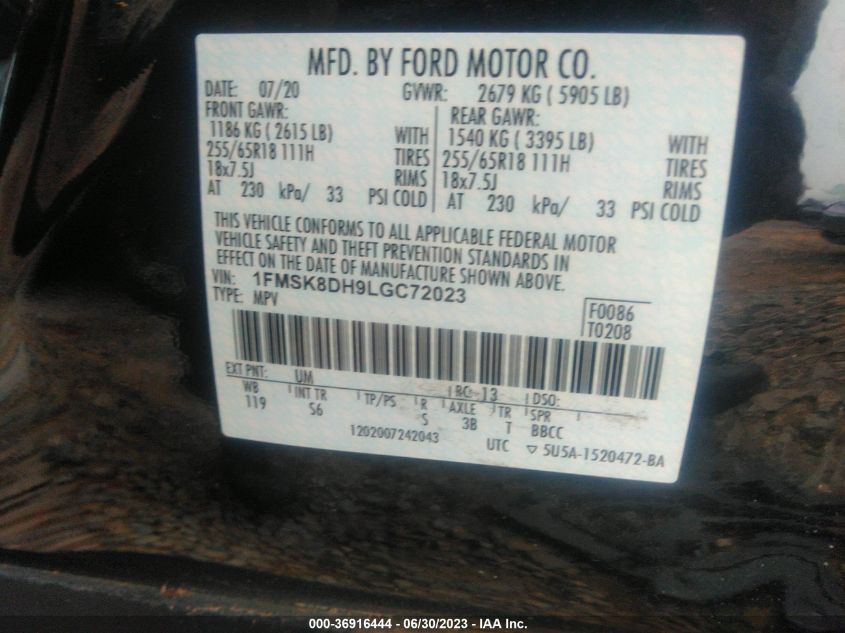 2020 FORD EXPLORER XLT - 1FMSK8DH9LGC72023