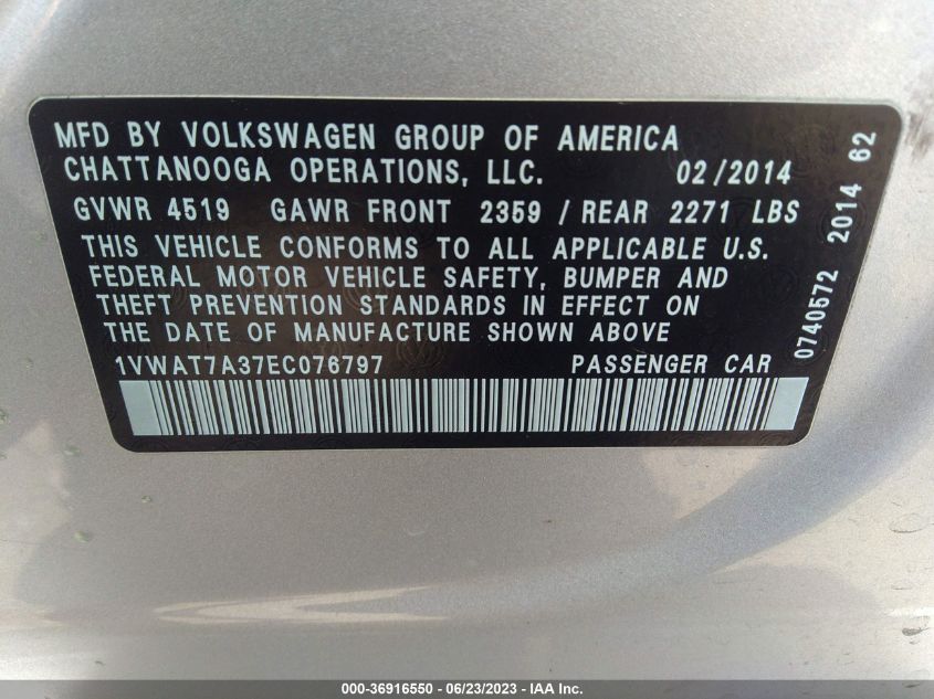 2014 VOLKSWAGEN PASSAT WOLFSBURG ED - 1VWAT7A37EC076797