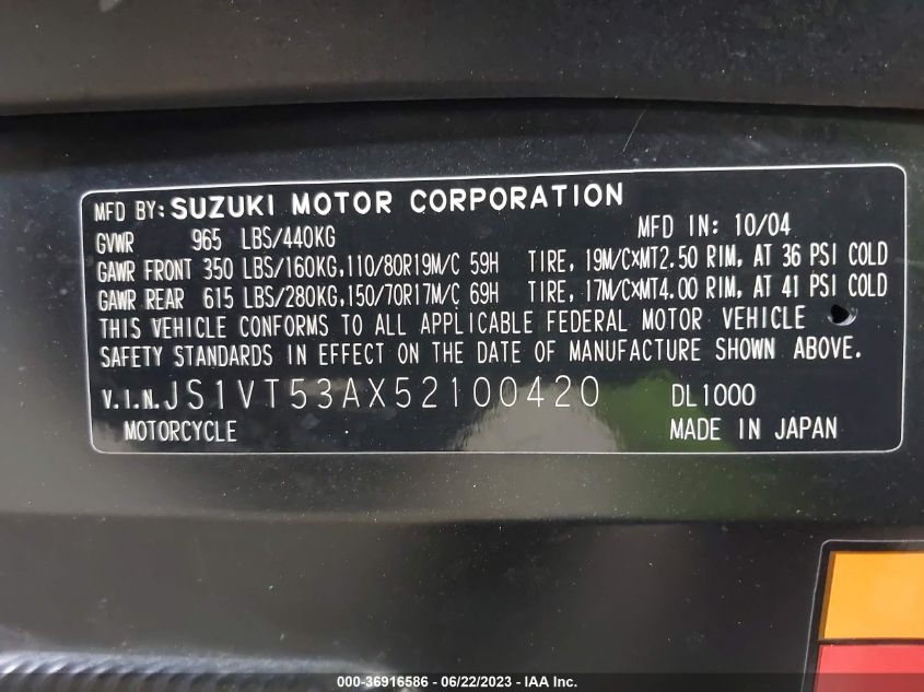 2005 SUZUKI DL1000 JS1VT53AX52100420