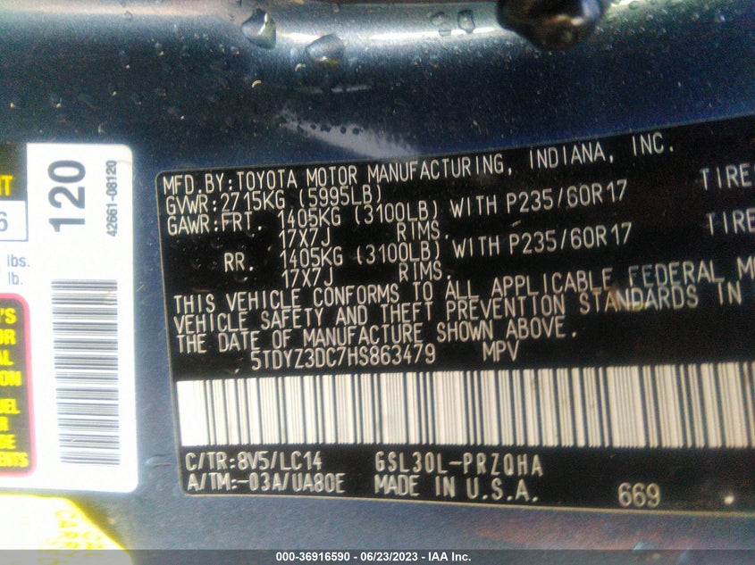 VIN 5TDYZ3DC7HS863479 2017 TOYOTA SIENNA XLE AUTO ACCESS