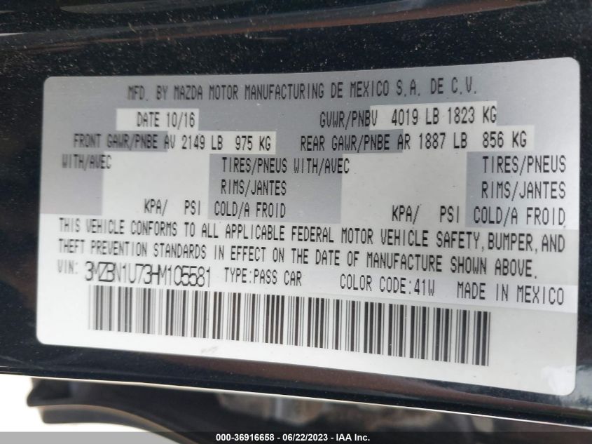 2017 MAZDA MAZDA3 4-DOOR SPORT 3MZBN1U73HM105581