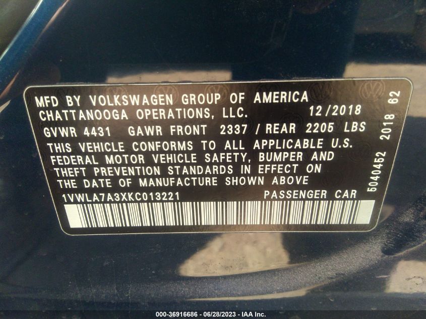2019 VOLKSWAGEN PASSAT WOLFSBURG - 1VWLA7A3XKC013221