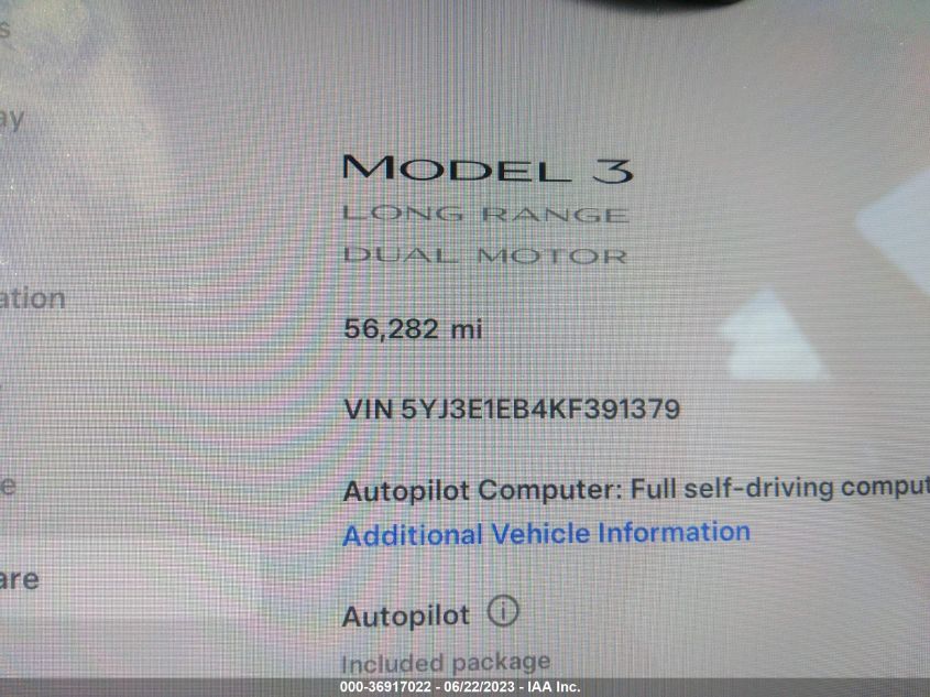 2019 TESLA MODEL 3 - 5YJ3E1EB4KF391379