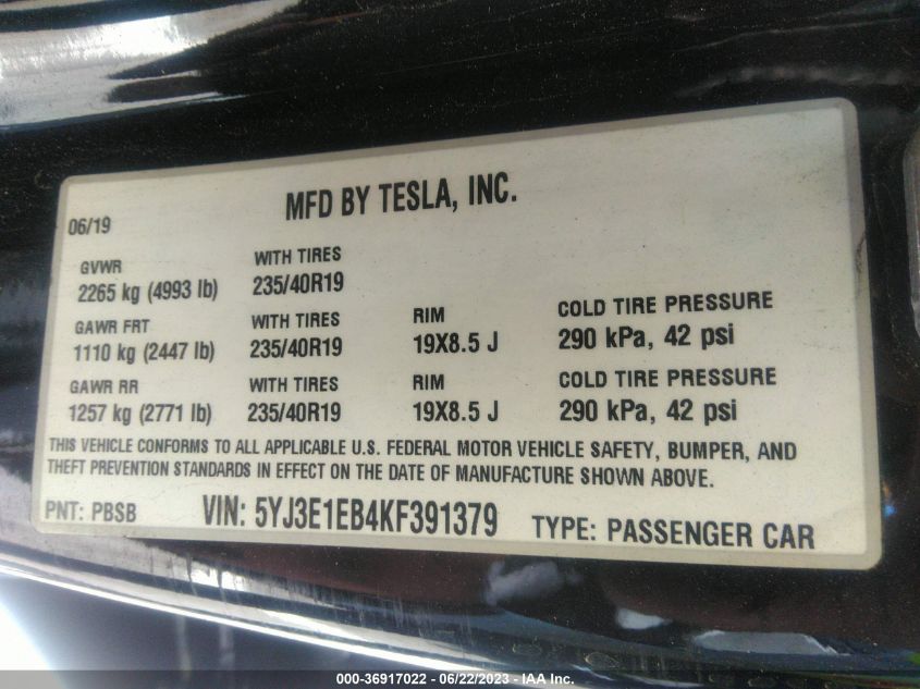 2019 TESLA MODEL 3 - 5YJ3E1EB4KF391379