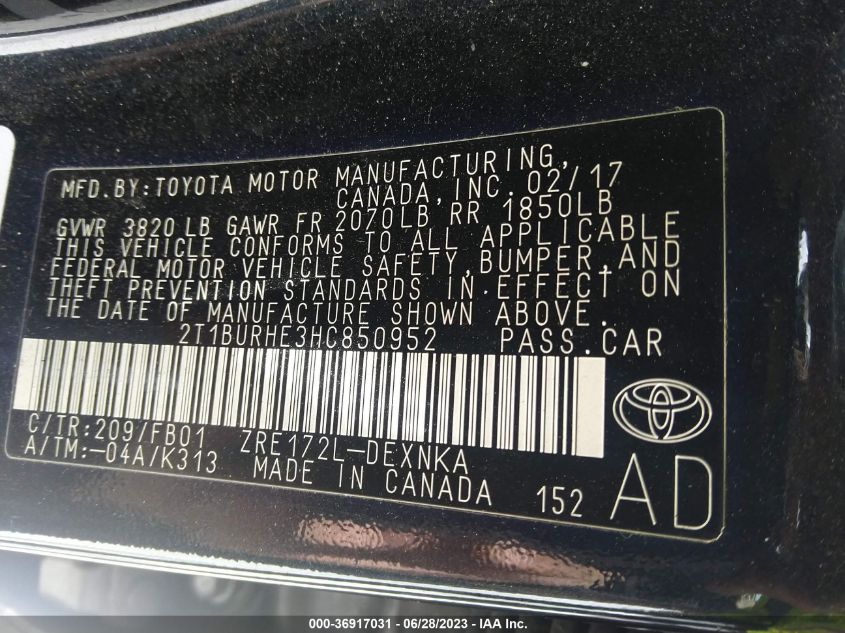 2017 TOYOTA COROLLA L/LE/XLE/SE - 2T1BURHE3HC850952