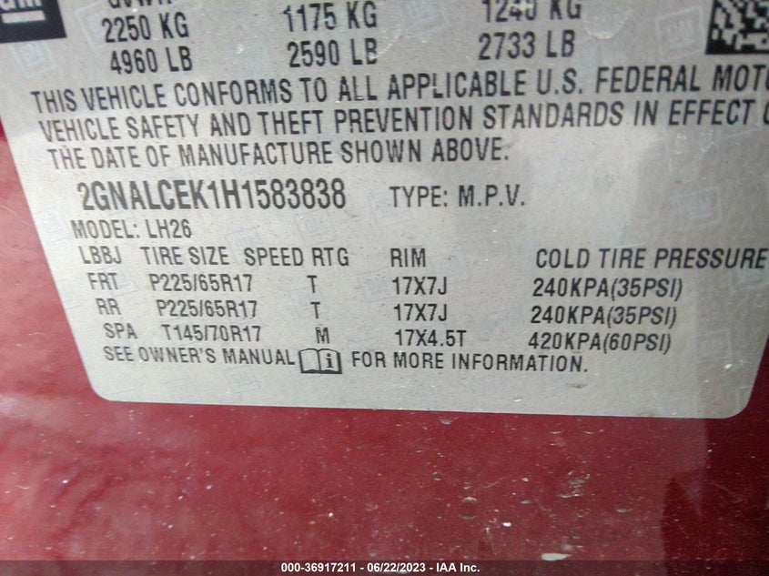 VIN 2GNALCEK1H1583838 2017 CHEVROLET EQUINOX LT