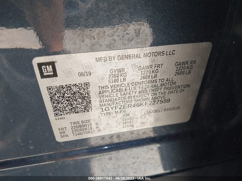 VIN 1GYFZER46KF227559 2019 CADILLAC XT4 FWD SPORT