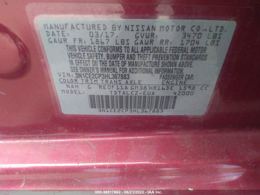 VIN 3N1CE2CP3HL367883 2017 NISSAN VERSA NOTE S PLUS