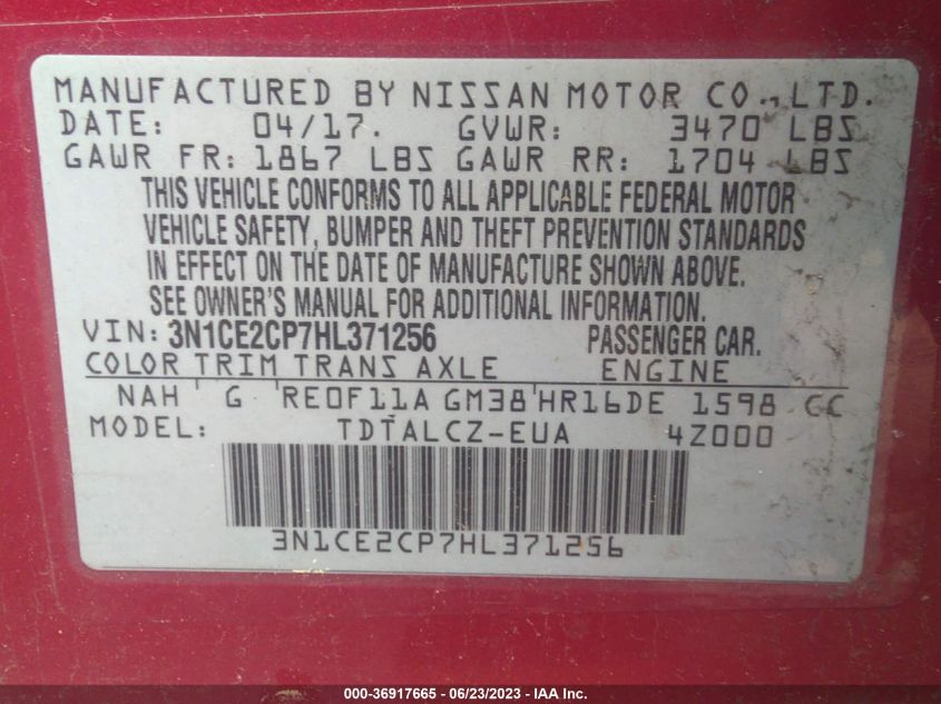 2017 NISSAN VERSA NOTE S PLUS - 3N1CE2CP7HL371256
