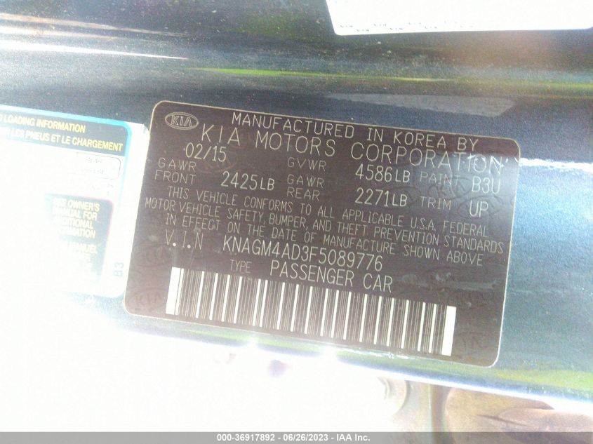 2015 KIA OPTIMA HYBRID - KNAGM4AD3F5089776