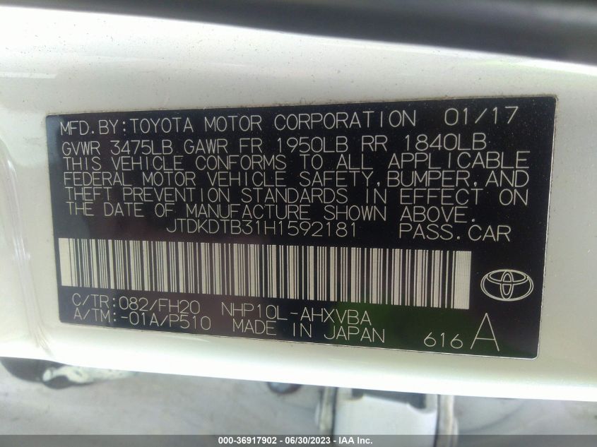 2017 TOYOTA PRIUS C ONE/TWO/THREE/FOUR - JTDKDTB31H1592181