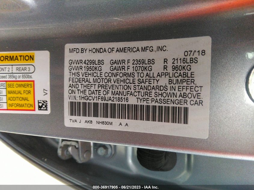 2018 HONDA ACCORD EX-L - 1HGCV1F69JA218516
