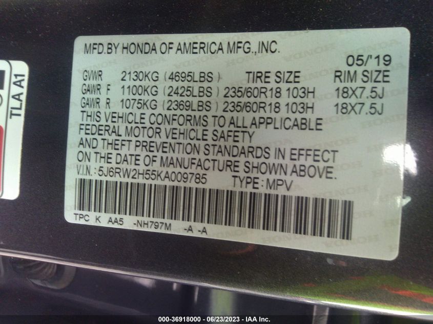 2019 HONDA CR-V EX - 5J6RW2H55KA009785