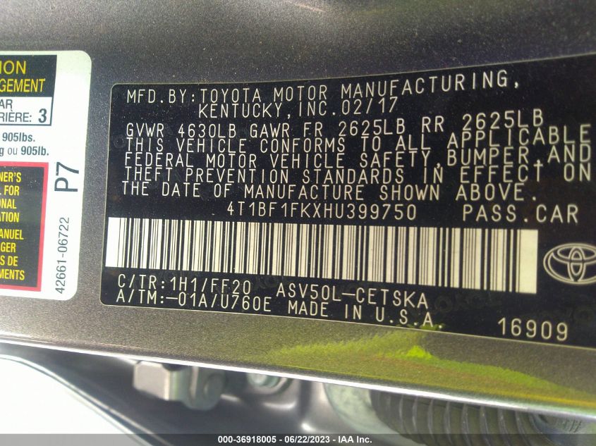 2017 TOYOTA CAMRY LE/XLE/SE/XSE - 4T1BF1FKXHU399750
