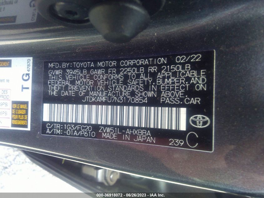 2022 TOYOTA PRIUS L - JTDKAMFU7N3170854