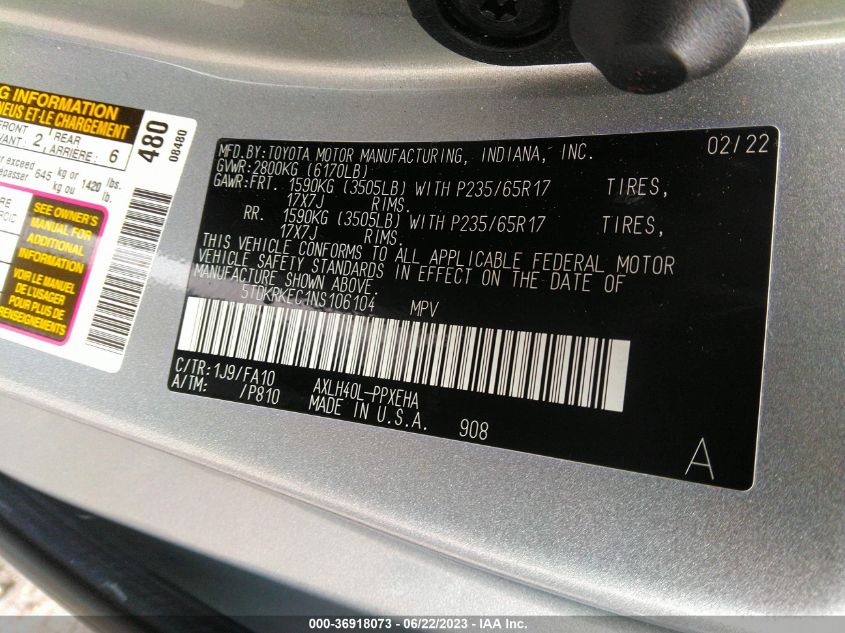 2022 TOYOTA SIENNA LE - 5TDKRKEC1NS106104