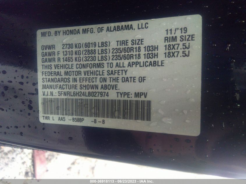 5FNRL6H24LB027974 2020 HONDA ODYSSEY, photo no. 9