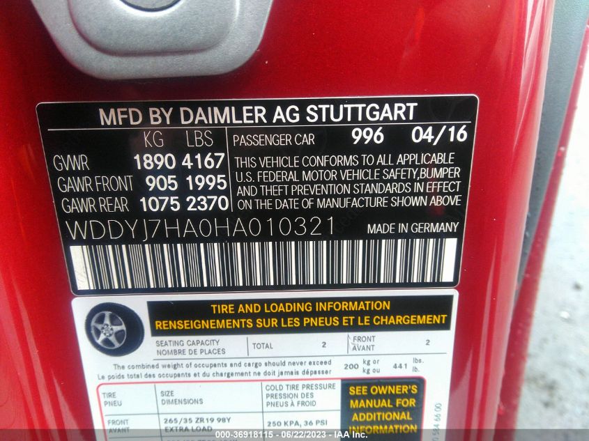 2017 MERCEDES-BENZ AMG GT - WDDYJ7HA0HA010321