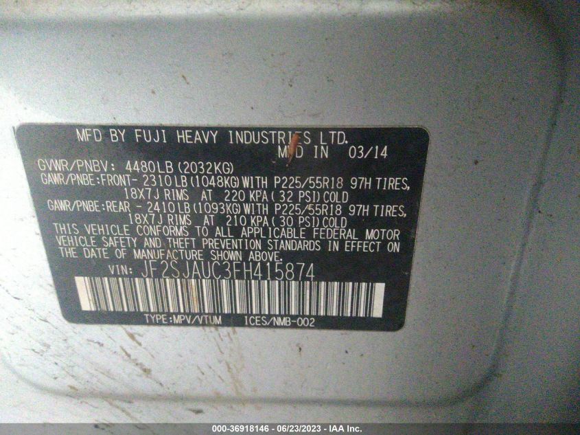 2015 SUBARU FORESTER 2.5I TOURING - JF2SJAUC3FH415874