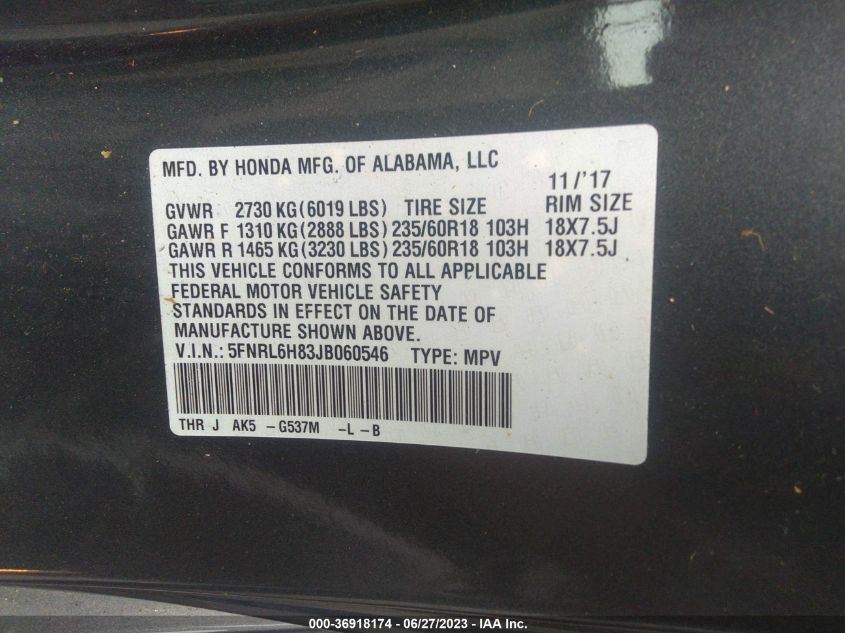 2018 HONDA ODYSSEY TOURING - 5FNRL6H83JB060546