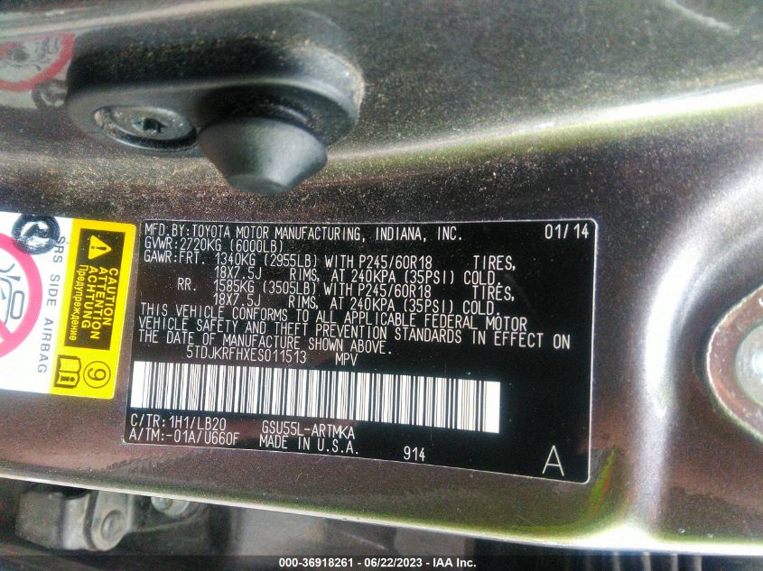 2014 TOYOTA HIGHLANDER XLE - 5TDJKRFHXES011513