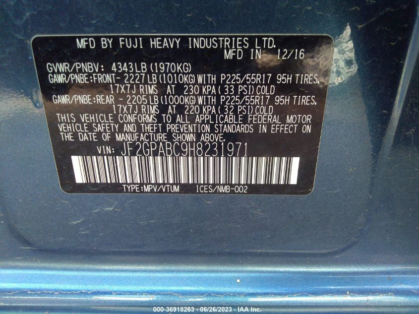 2017 SUBARU CROSSTREK PREMIUM - JF2GPABC9H8231971