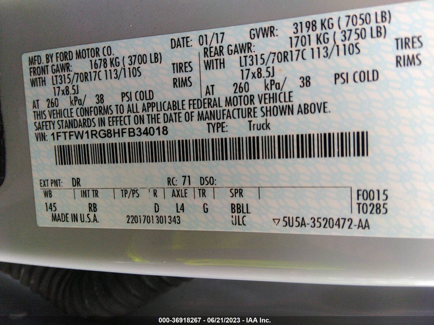 VIN 1FTFW1RG8HFB34018 2017 FORD F-150 RAPTOR