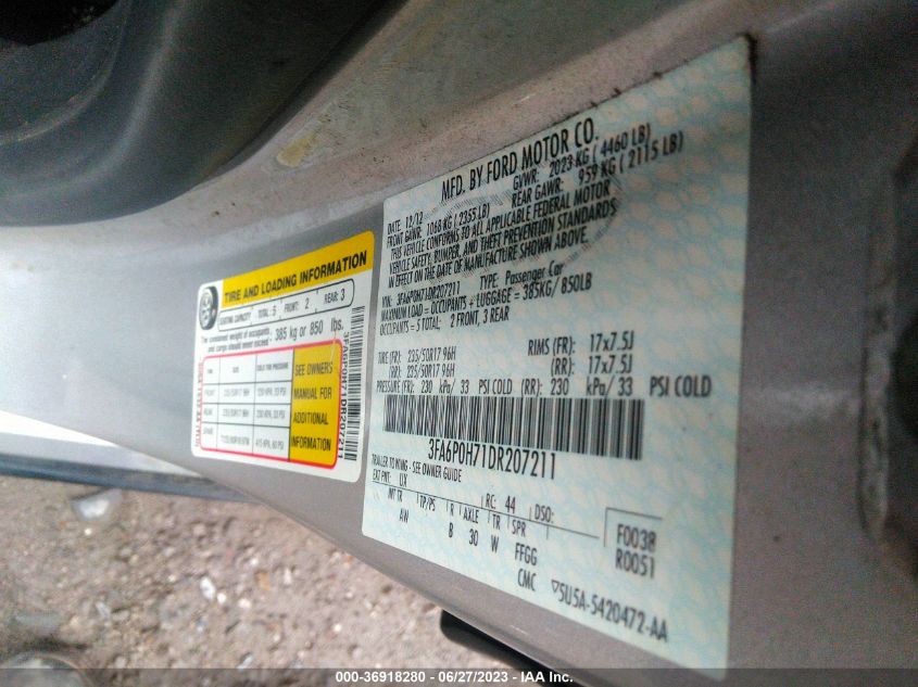 2013 FORD FUSION SE - 3FA6P0H71DR207211