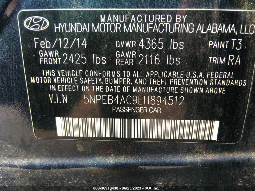 2014 HYUNDAI SONATA GLS - 5NPEB4AC9EH894512