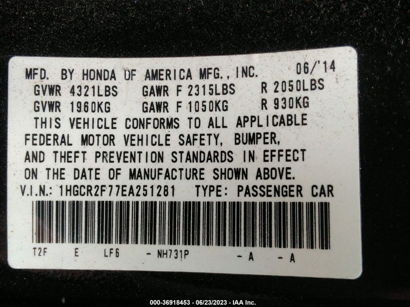 2014 HONDA ACCORD SEDAN EX - 1HGCR2F77EA251281