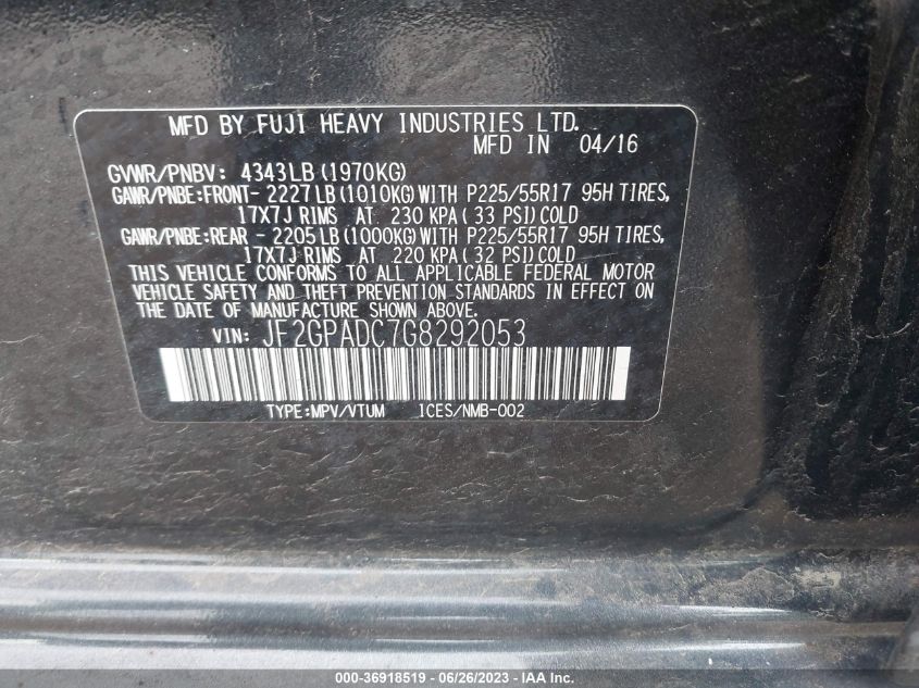 2016 SUBARU CROSSTREK PREMIUM - JF2GPADC7G8292053