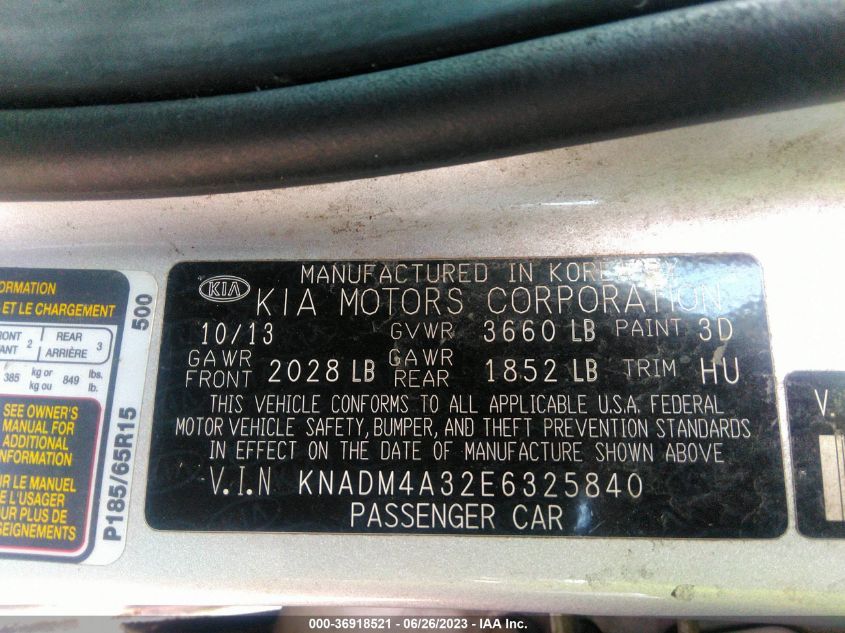2014 KIA RIO LX - KNADM4A32E6325840